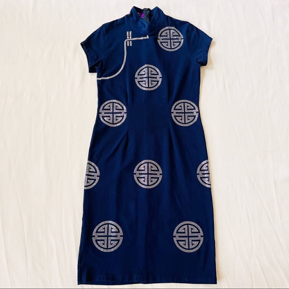 Womens Dress Short Shortsleeve High Neck Navy Asian Sparkly Party Fashion Small